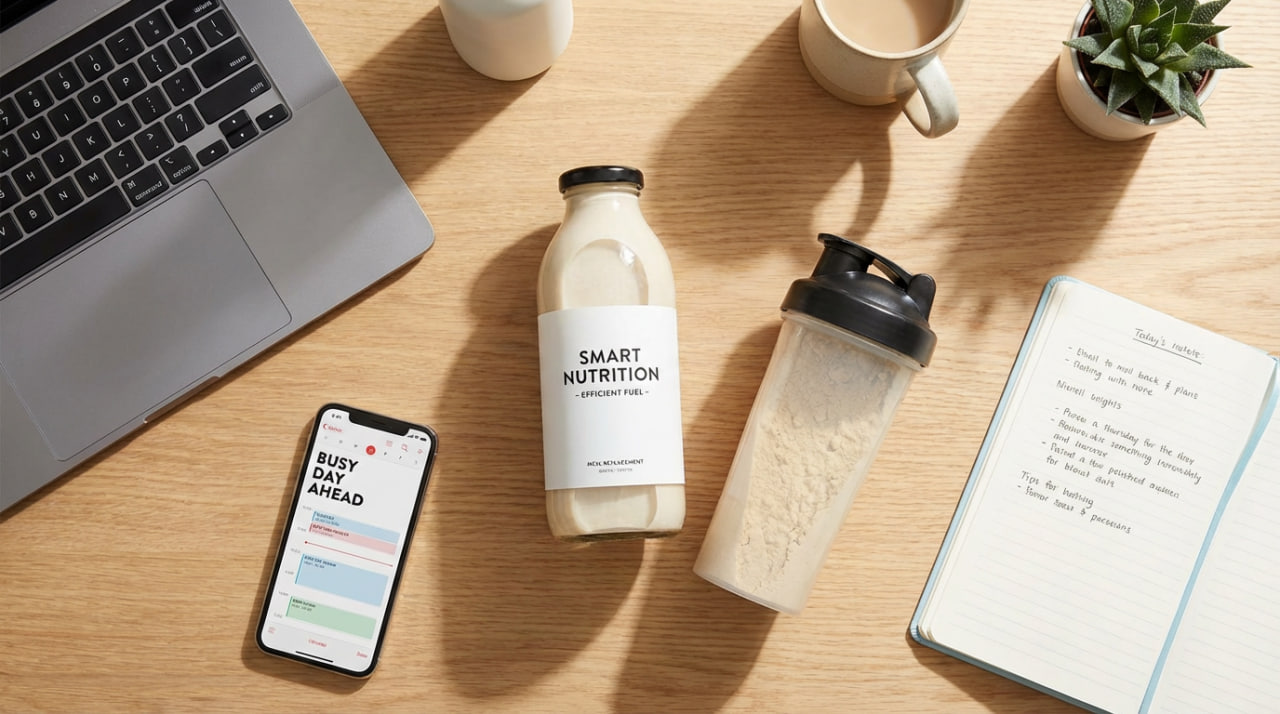 A busy professional workspace with a laptop, smartphone showing a calendar titled "Busy Day Ahead", a bottle of ready-to-drink meal replacement shake labeled "Smart Nutrition - Efficient Fuel", a shaker bottle with powder, coffee mug, and notebook with daily notes.
