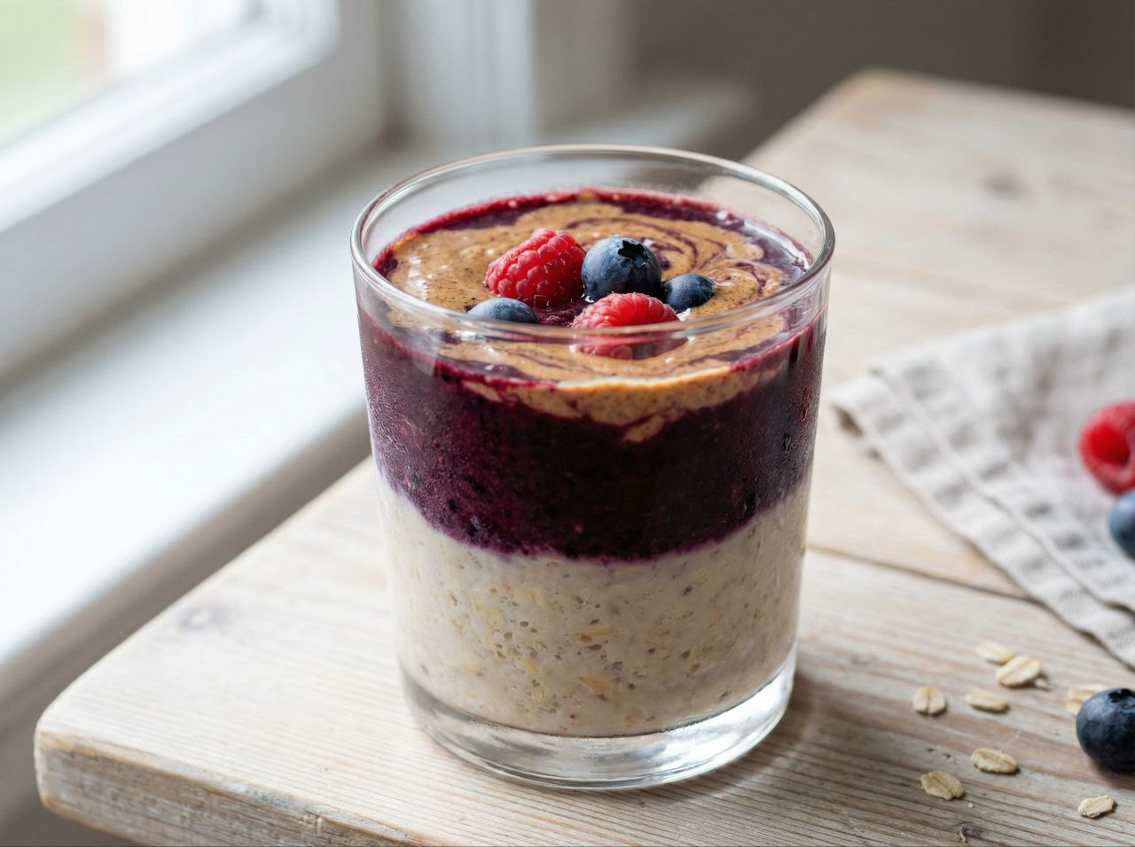 Close-up of homemade Oat & Berry Recovery Shake in clear glass with visible oats, berries, and almond butter swirl