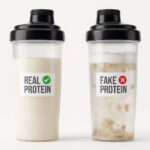 How to Avoid Fake Protein Powders: Two protein shakers side-by-side. The left shaker, labeled "REAL PROTEIN" with a green checkmark, contains a smooth, well-mixed shake. The right shaker, labeled "FAKE PROTEIN" with a red X, contains a clumpy, poorly dissolved protein mixture.