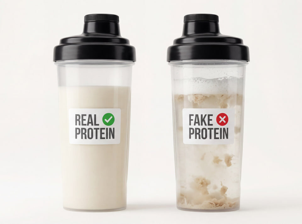 How to Avoid Fake Protein Powders: Two protein shakers side-by-side. The left shaker, labeled "REAL PROTEIN" with a green checkmark, contains a smooth, well-mixed shake. The right shaker, labeled "FAKE PROTEIN" with a red X, contains a clumpy, poorly dissolved protein mixture.