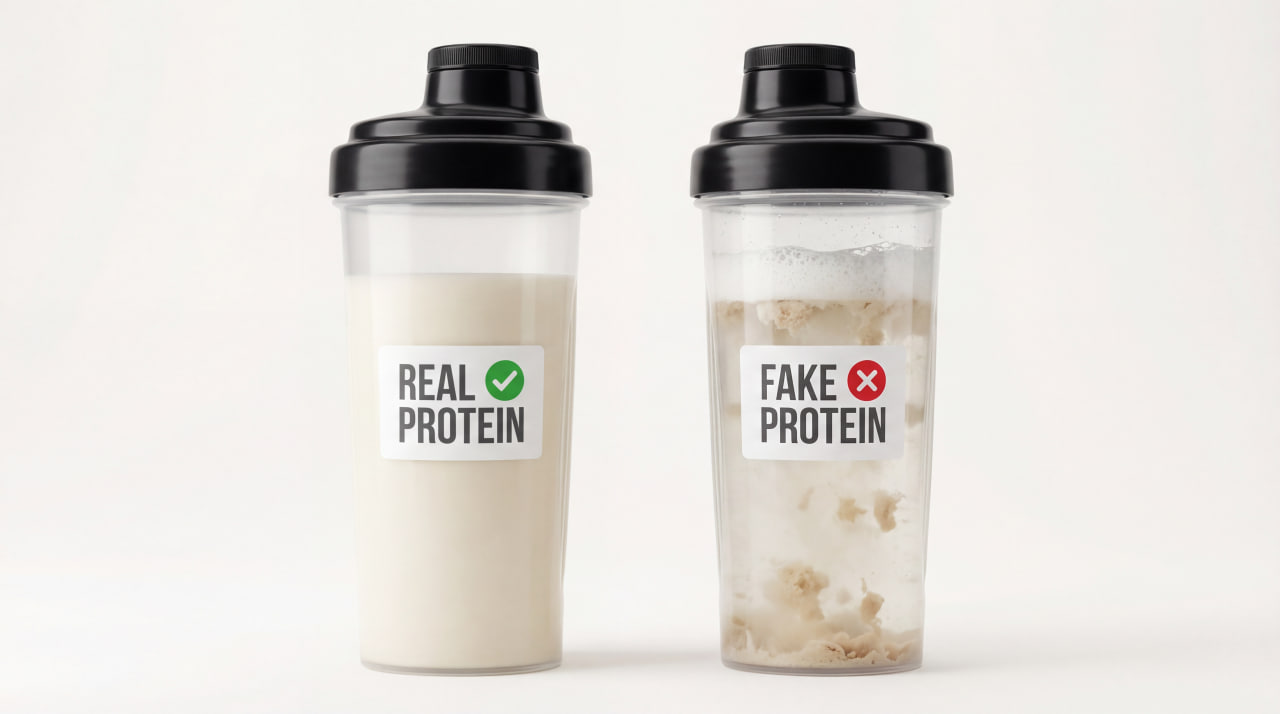 How to Avoid Fake Protein Powders: Two protein shakers side-by-side. The left shaker, labeled "REAL PROTEIN" with a green checkmark, contains a smooth, well-mixed shake. The right shaker, labeled "FAKE PROTEIN" with a red X, contains a clumpy, poorly dissolved protein mixture.