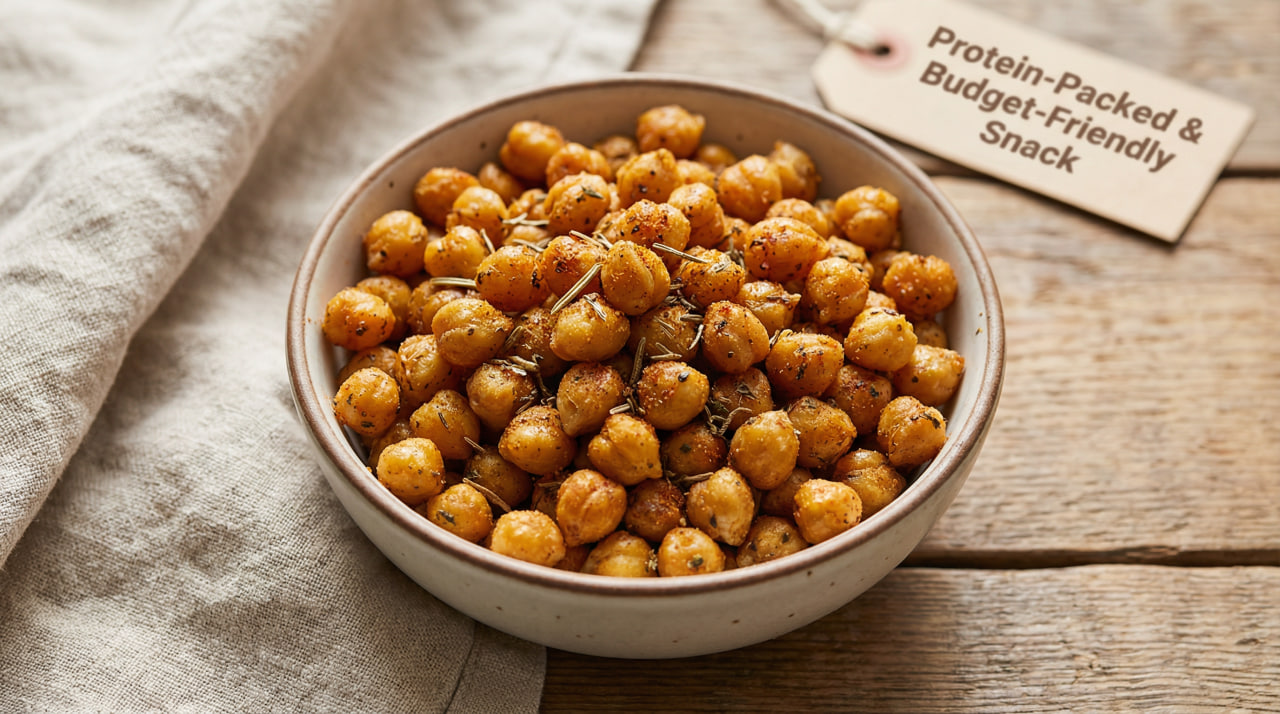 Crispy roasted chickpeas seasoned with herbs and spices in a bowl – a crunchy, protein-packed and budget-friendly snack