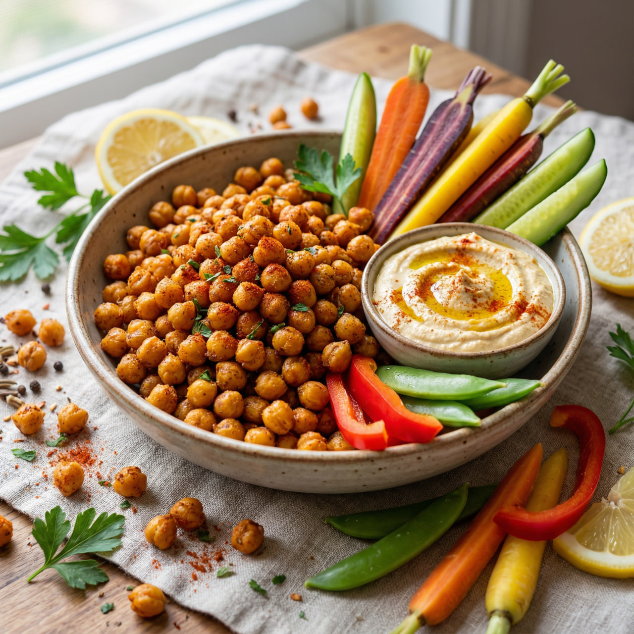 Bowl of spiced roasted chickpeas served with creamy hummus and colorful vegetable sticks including rainbow carrots, cucumber, bell peppers, and snap peas – a crunchy plant-based protein snack for children