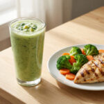 Shakes vs whole foods comparison: green protein shake next to grilled chicken breast with broccoli, carrots, and brown rice on wooden table