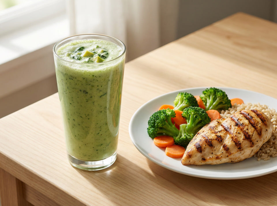 Shakes vs whole foods comparison: green protein shake next to grilled chicken breast with broccoli, carrots, and brown rice on wooden table