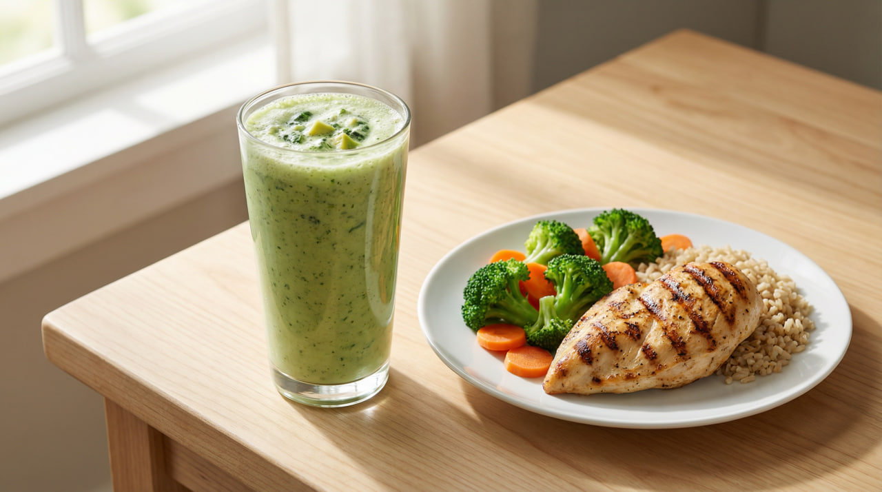Shakes vs whole foods comparison: green protein shake next to grilled chicken breast with broccoli, carrots, and brown rice on wooden table