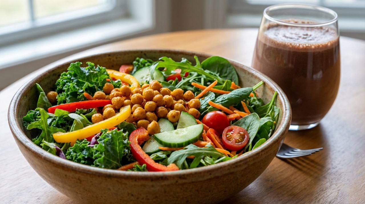 Shakes vs whole foods satiety comparison: colorful chickpea salad bowl with fresh vegetables next to chocolate protein shake on wooden table