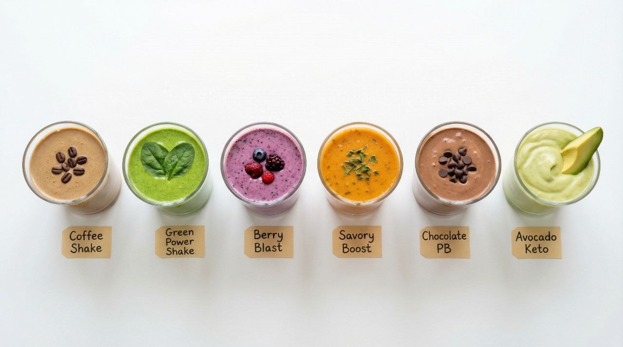 Variety of homemade meal replacement shakes in glass cups: coffee, green spinach, berry, savory orange, chocolate peanut butter, and creamy avocado keto