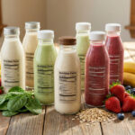 Variety of clean meal replacement shakes in bottles surrounded by fresh fruits and oats on wooden table