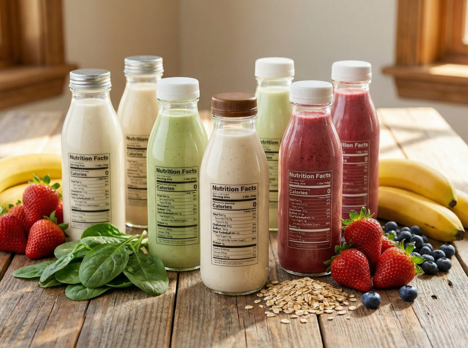 Variety of clean meal replacement shakes in bottles surrounded by fresh fruits and oats on wooden table