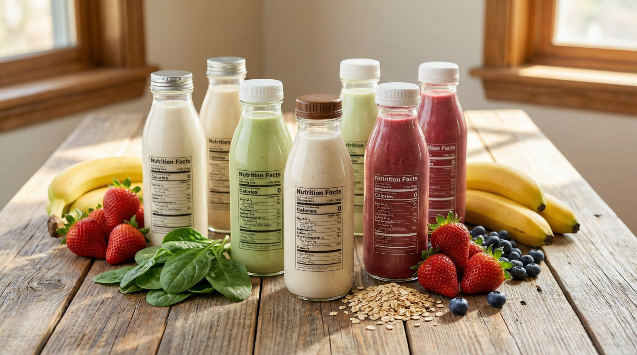 Variety of clean meal replacement shakes in bottles surrounded by fresh fruits and oats on wooden table