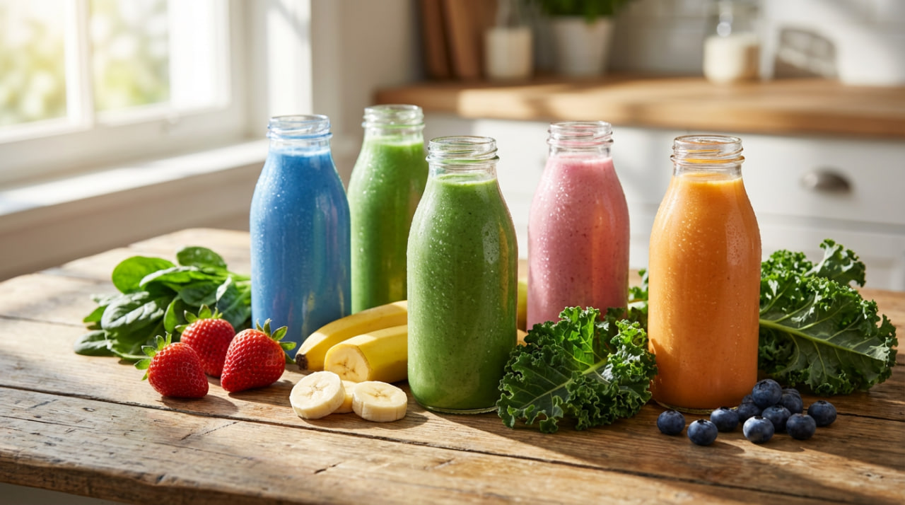 Colorful protein shakes in bottles surrounded by fresh fruits like strawberries, bananas, and greens on a wooden table for healthy weight loss