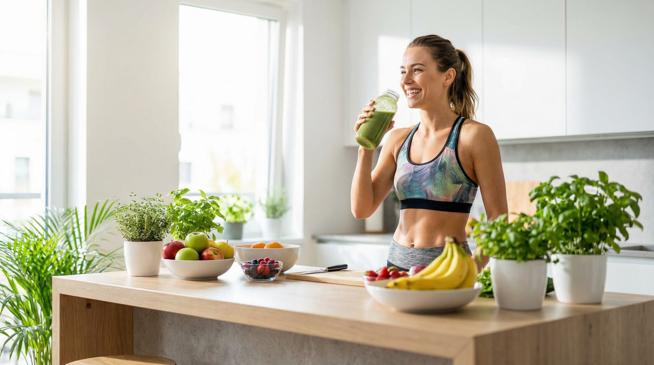 Fit woman drinking green clean meal replacement shake in bright kitchen with fresh fruits, healthy lifestyle