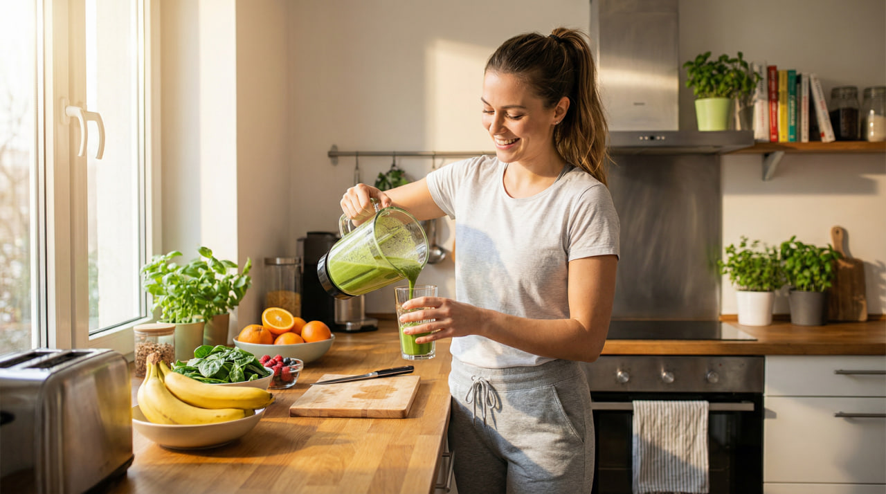 Woman pouring homemade green meal replacement shake into glass in bright kitchen, healthy lifestyle