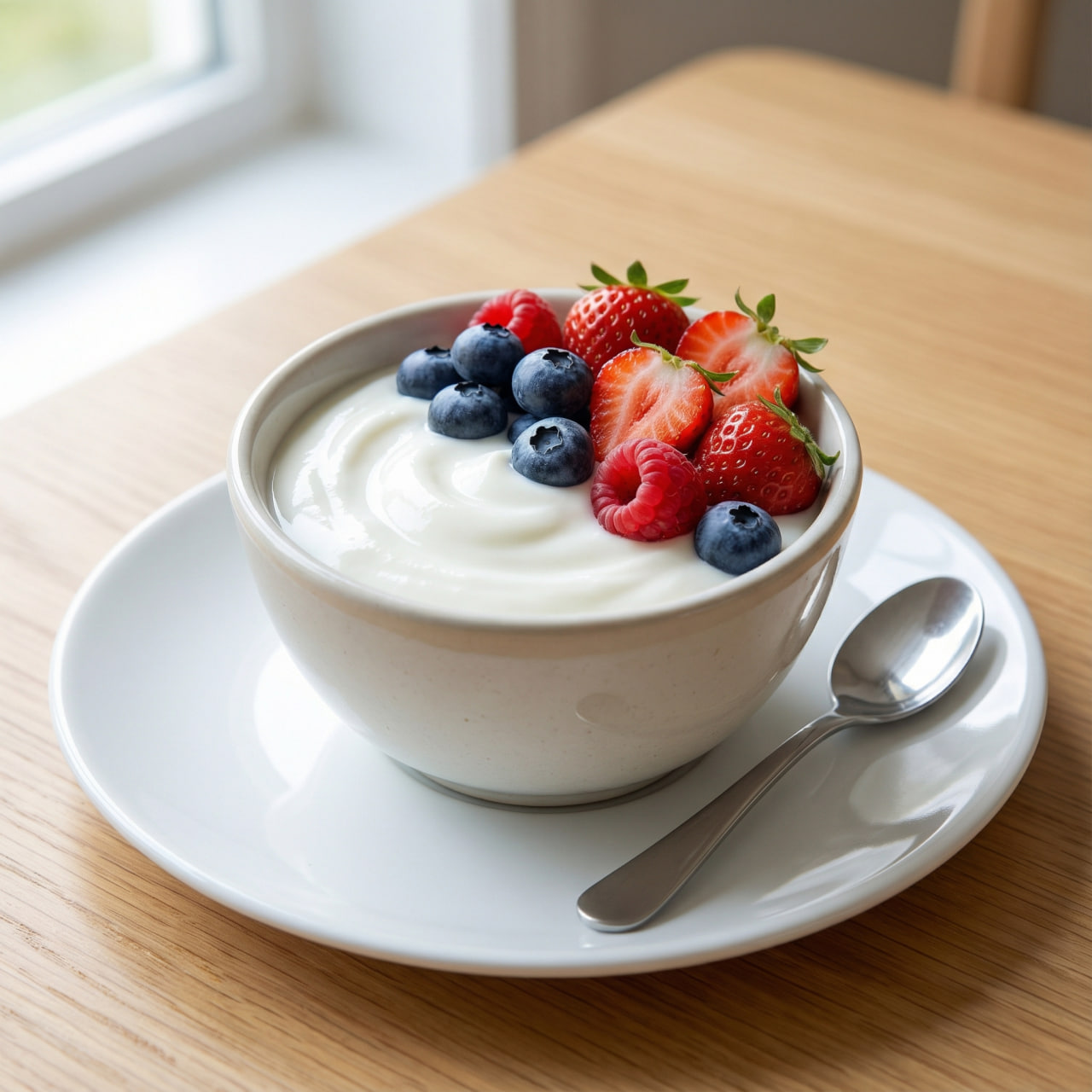 Bowl of plain yogurt topped with fresh strawberries, blueberries, and raspberries on a white plate with a spoon – a balanced dairy-based protein snack for children
