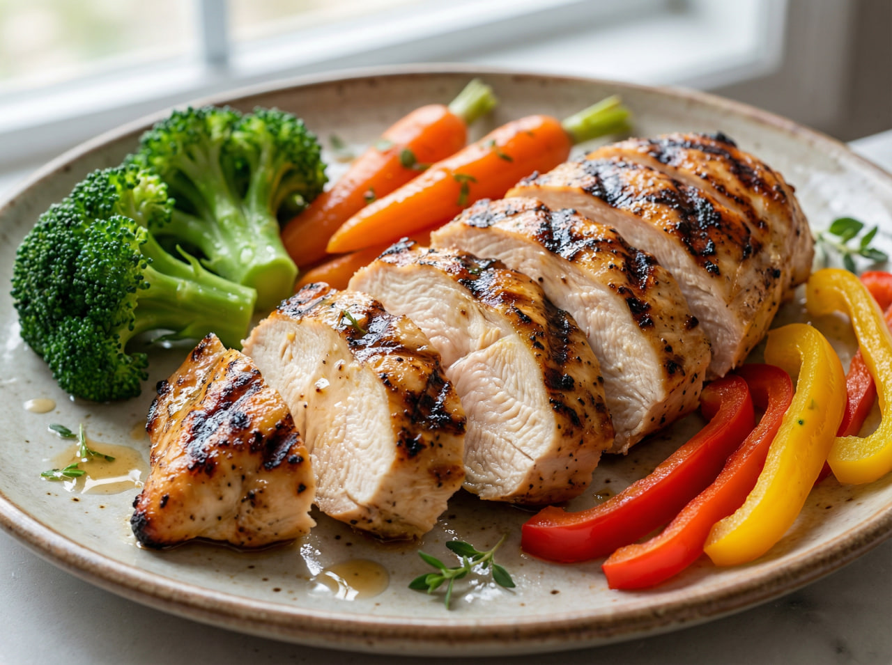 Grilled chicken breast with fresh vegetables as a high-quality animal-based protein source, natural light food photography