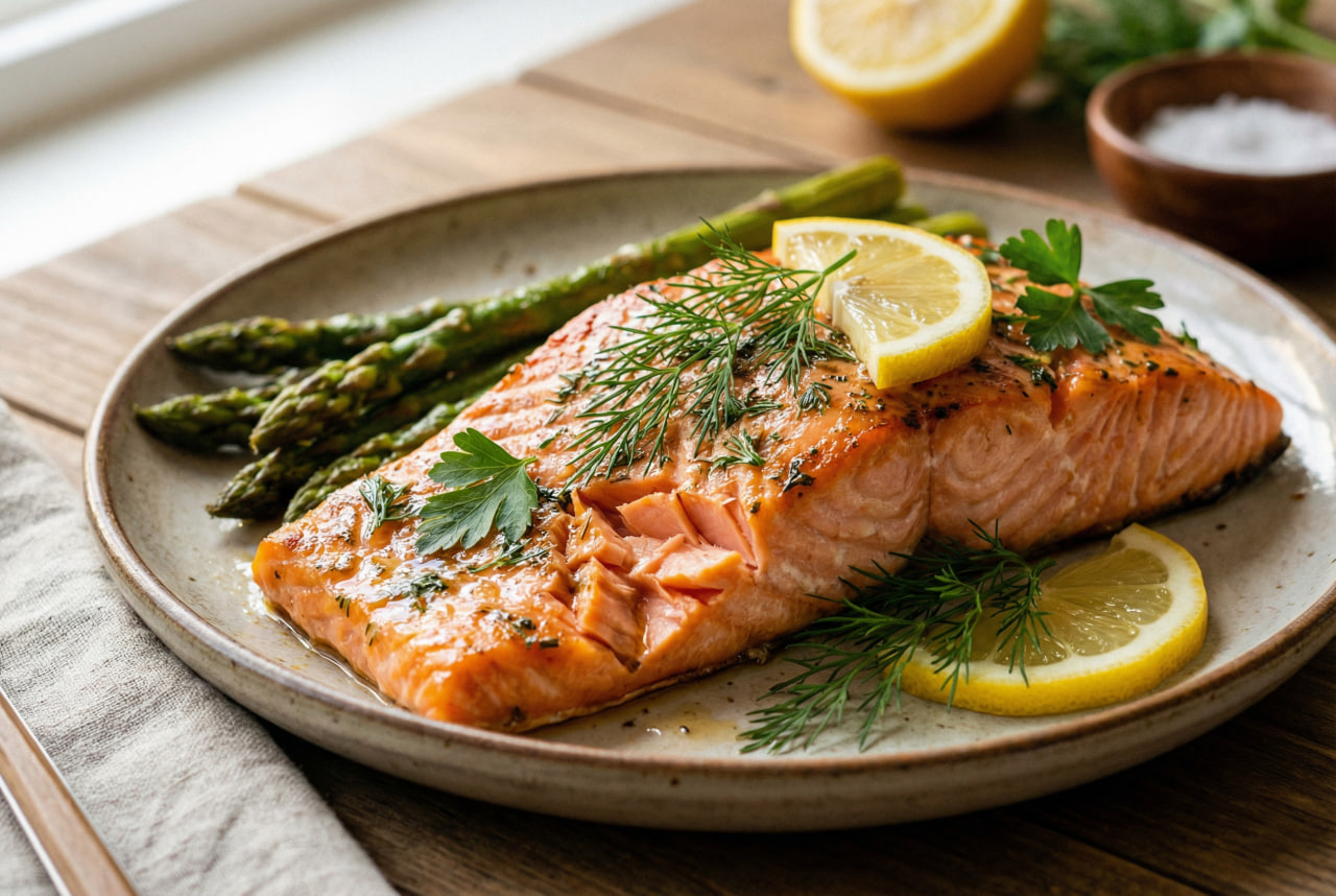 Baked salmon fillet garnished with fresh herbs and lemon slices, served with grilled asparagus on a rustic plate