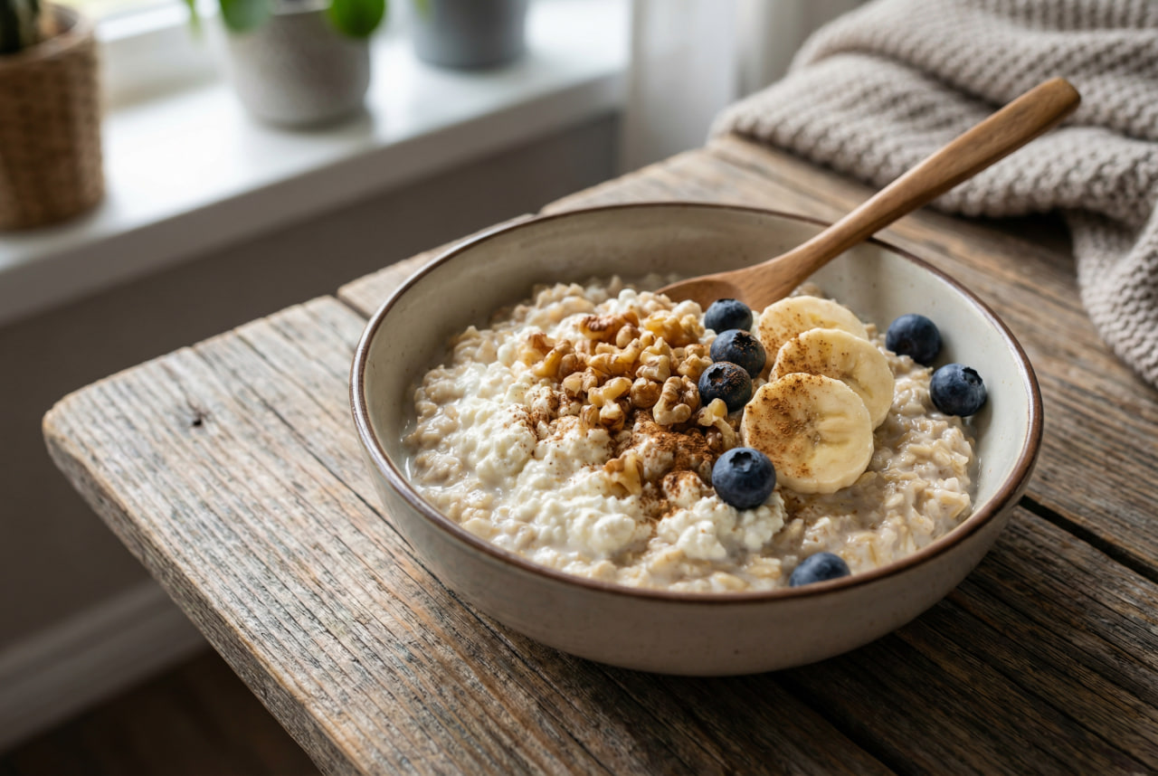 High-protein oatmeal mixed with cottage cheese, topped with bananas, blueberries, walnuts, and cinnamon – a quick whole-food breakfast option