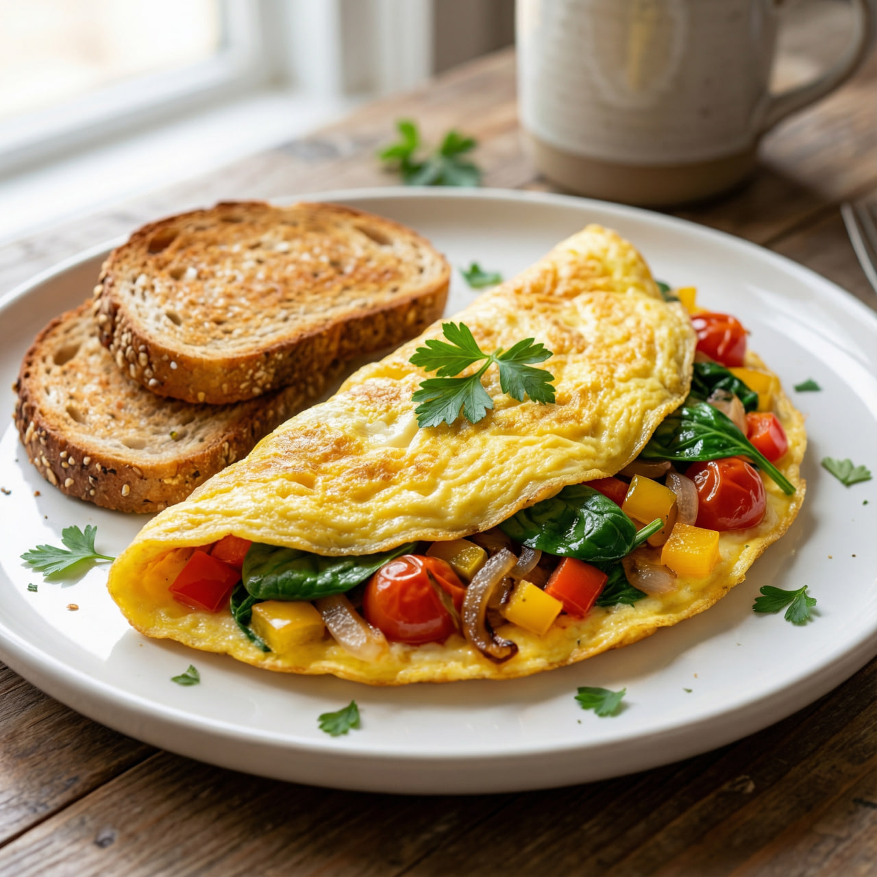 High-protein vegetable omelet with spinach, tomatoes, bell peppers, and whole-grain toast – a 25–30g protein whole-food breakfast idea
