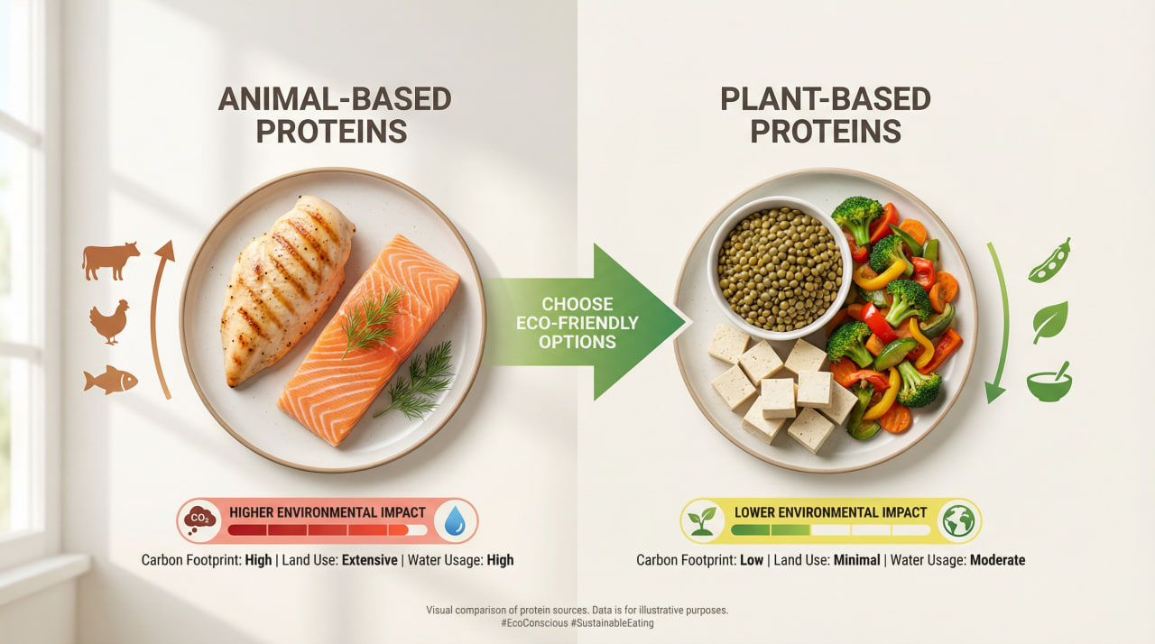Infographic comparing environmental impact of animal-based vs plant-based protein sources with lower carbon footprint for plants