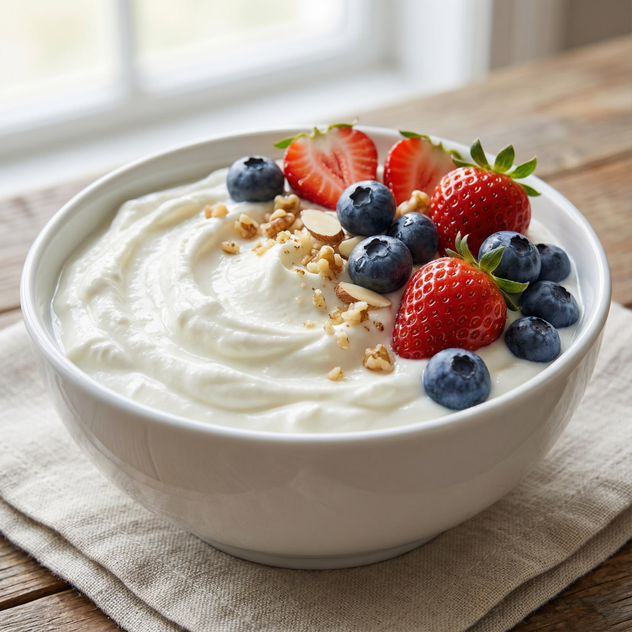 Bowl of creamy Greek yogurt topped with fresh strawberries, blueberries, and chopped almonds – a balanced high-protein snack combining protein, fiber, and healthy fats