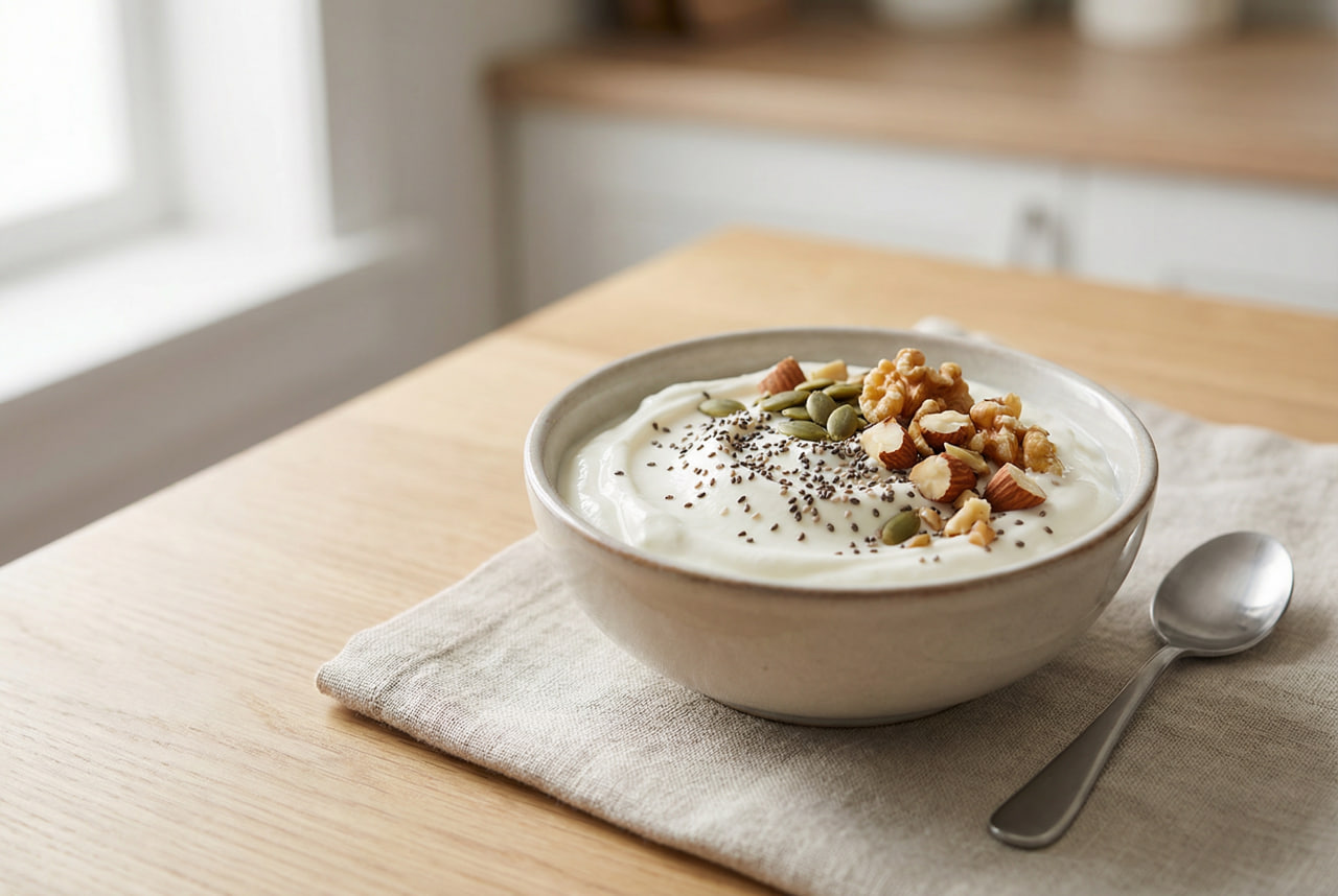 Greek yogurt topped with mixed nuts and seeds as a simple high-protein snack, natural light food photography