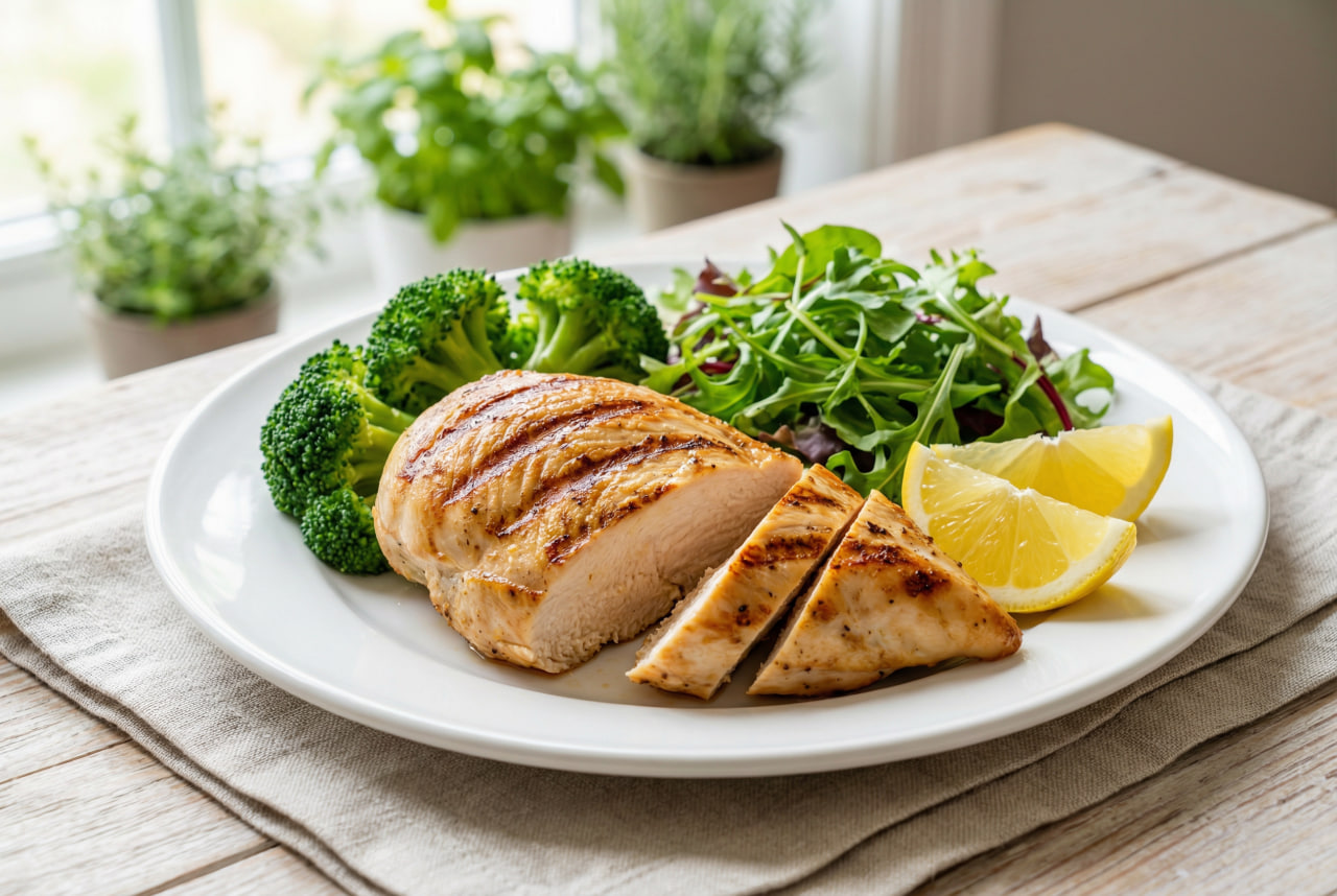 Grilled skinless chicken breast sliced and served with steamed broccoli, fresh mixed greens, and lemon wedges on a white plate