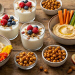 Collection of balanced high-protein snacks including hard-boiled eggs, Greek yogurt with berries and granola, hummus with colorful vegetable sticks, roasted chickpeas, and apple slices with peanut butter and almonds