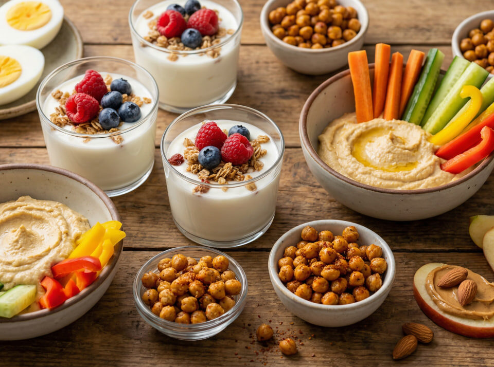 Collection of balanced high-protein snacks including hard-boiled eggs, Greek yogurt with berries and granola, hummus with colorful vegetable sticks, roasted chickpeas, and apple slices with peanut butter and almonds
