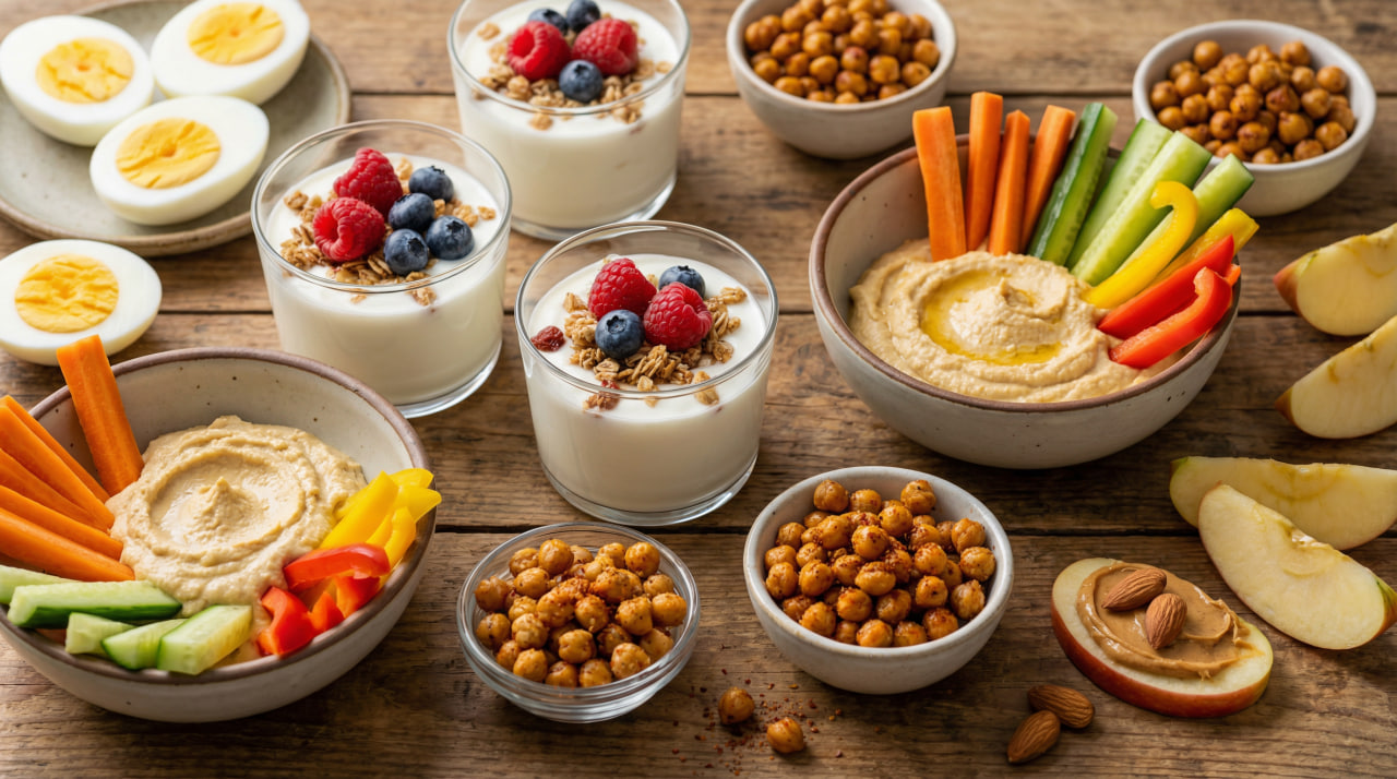 Collection of balanced high-protein snacks including hard-boiled eggs, Greek yogurt with berries and granola, hummus with colorful vegetable sticks, roasted chickpeas, and apple slices with peanut butter and almonds