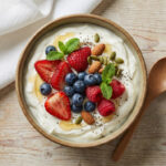 High-protein Greek yogurt bowl topped with fresh berries, almonds, seeds, and honey – a simple whole-food breakfast idea