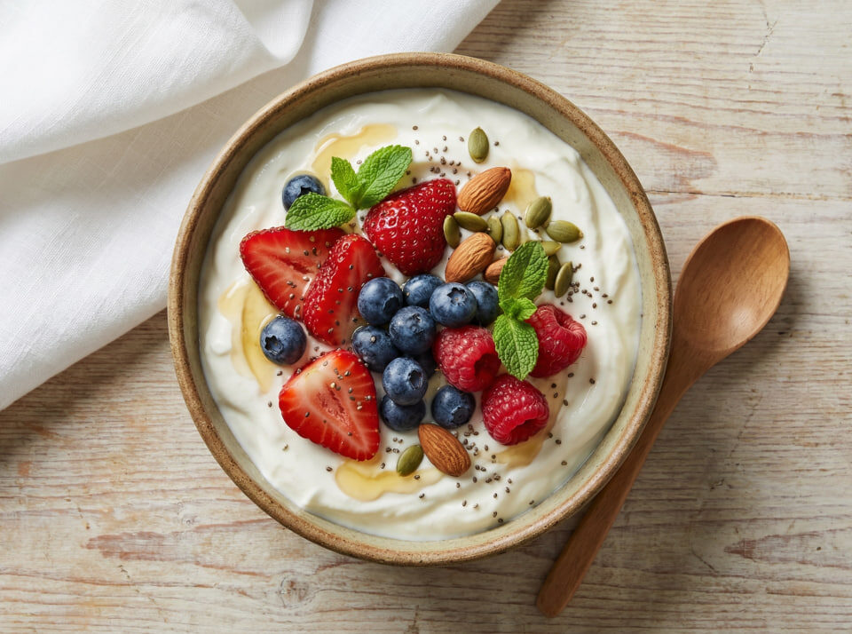 High-protein Greek yogurt bowl topped with fresh berries, almonds, seeds, and honey – a simple whole-food breakfast idea