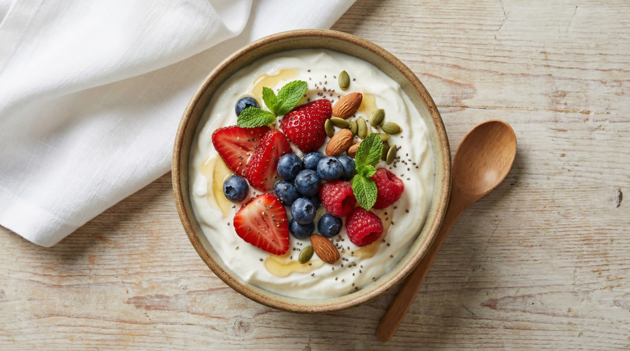 High-protein Greek yogurt bowl topped with fresh berries, almonds, seeds, and honey – a simple whole-food breakfast idea