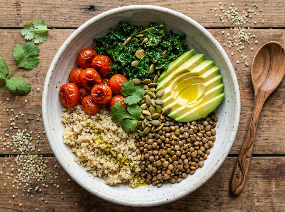 Protein in vegan diets: colorful Buddha bowl with quinoa, lentils, roasted tomatoes, kale, avocado, and seeds – a nutrient-dense whole-food meal