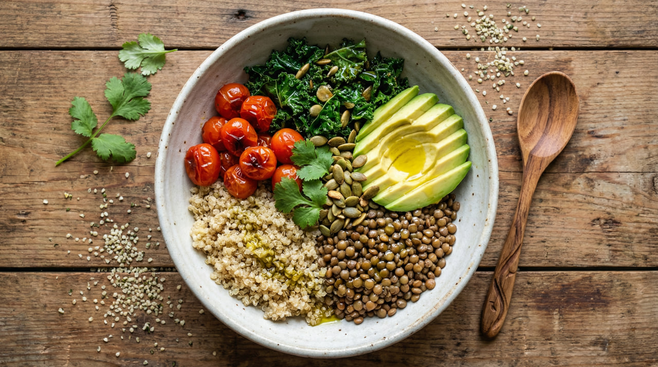 Protein in vegan diets: colorful Buddha bowl with quinoa, lentils, roasted tomatoes, kale, avocado, and seeds – a nutrient-dense whole-food meal