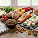 Diverse whole food protein sources including eggs, grilled chicken, salmon, lentils, tofu, Greek yogurt, and nuts arranged on a wooden table with natural light