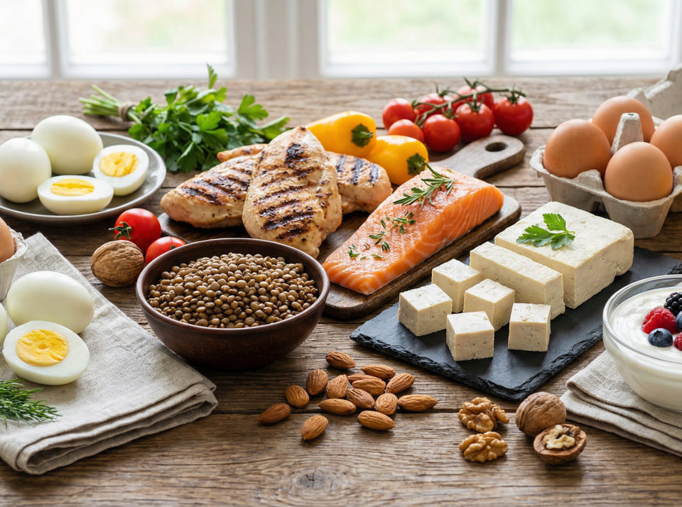 Diverse whole food protein sources including eggs, grilled chicken, salmon, lentils, tofu, Greek yogurt, and nuts arranged on a wooden table with natural light