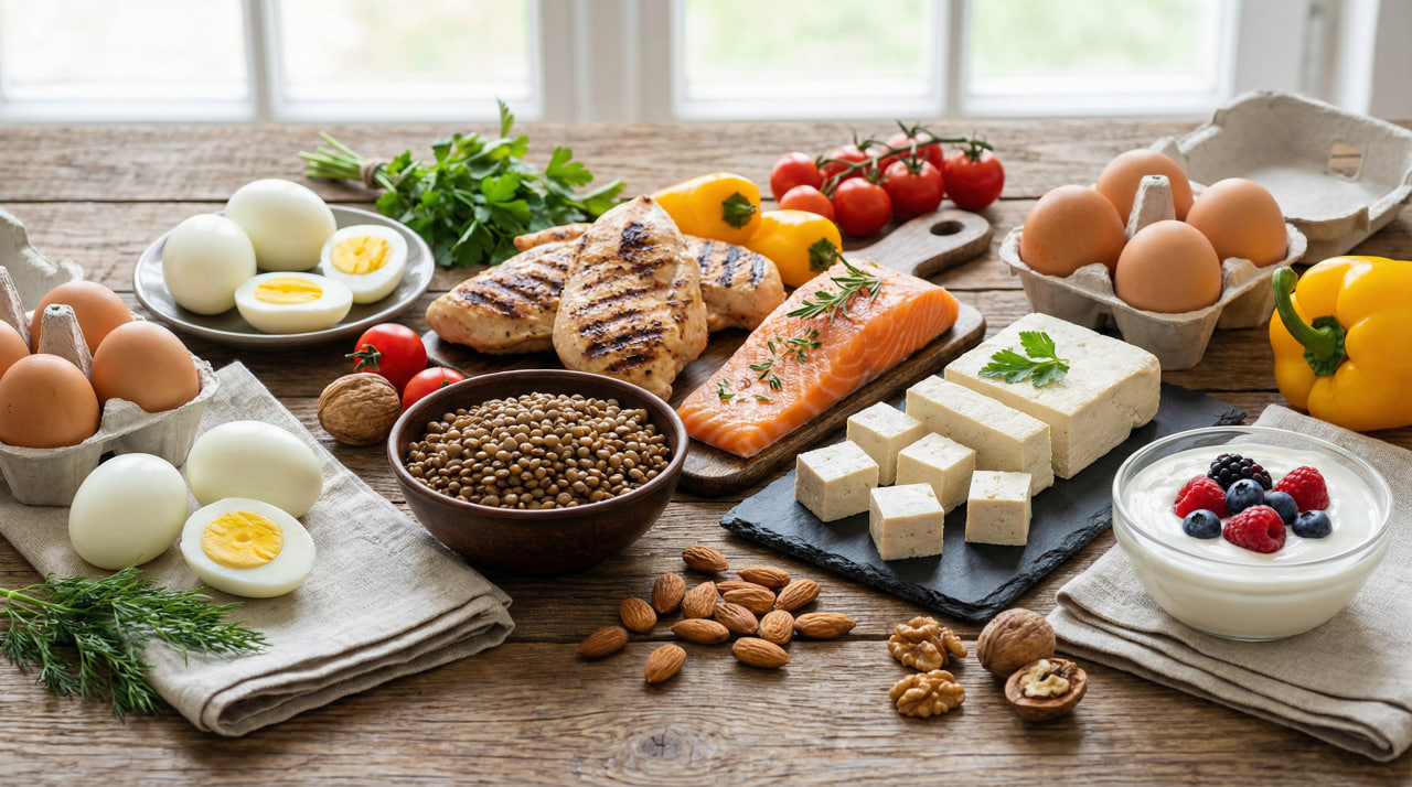 Diverse whole food protein sources including eggs, grilled chicken, salmon, lentils, tofu, Greek yogurt, and nuts arranged on a wooden table with natural light