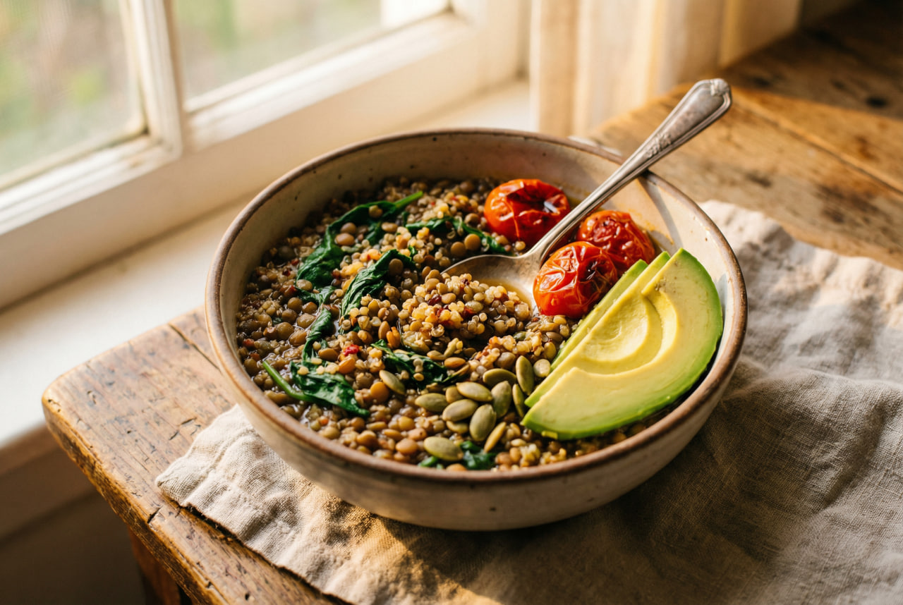 Protein in vegan diets: hearty bowl of lentils and quinoa with wilted spinach, roasted tomatoes, avocado, and pumpkin seeds – a comforting plant-based staple