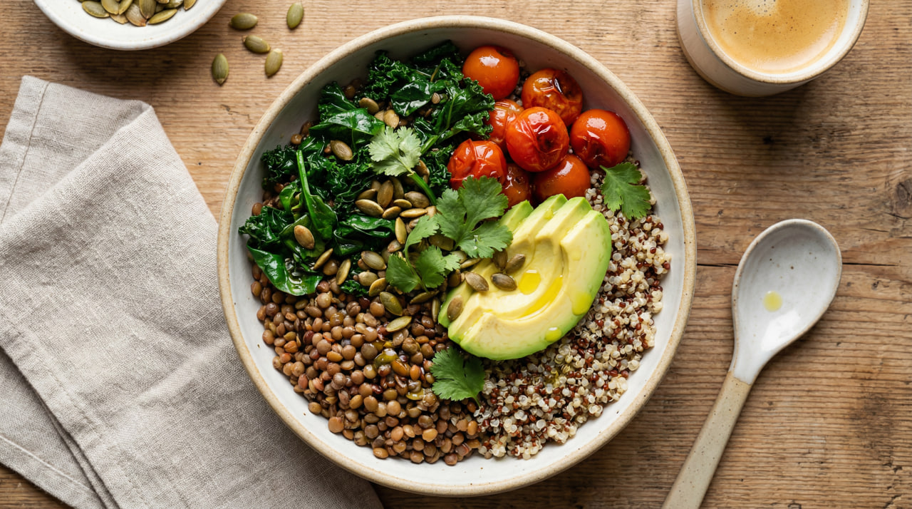 High-protein plant-based breakfast bowl with lentils, quinoa, sautéed kale, roasted cherry tomatoes, avocado, and pumpkin seeds