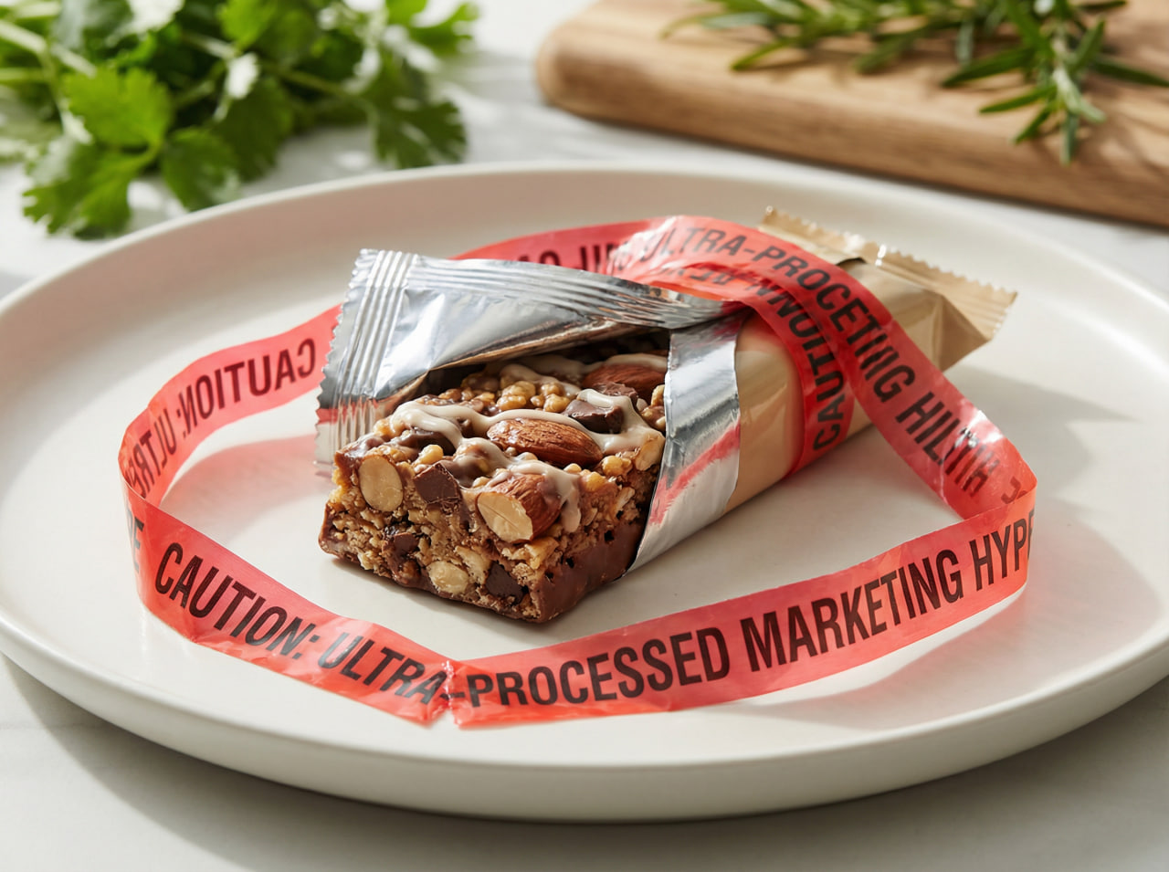 Commercial protein bar wrapped in red caution tape labeled "Ultra-Processed Marketing Hype" illustrating Common Protein Snacking Mistakes – symbolizing the risks of falling for high-protein marketing claims