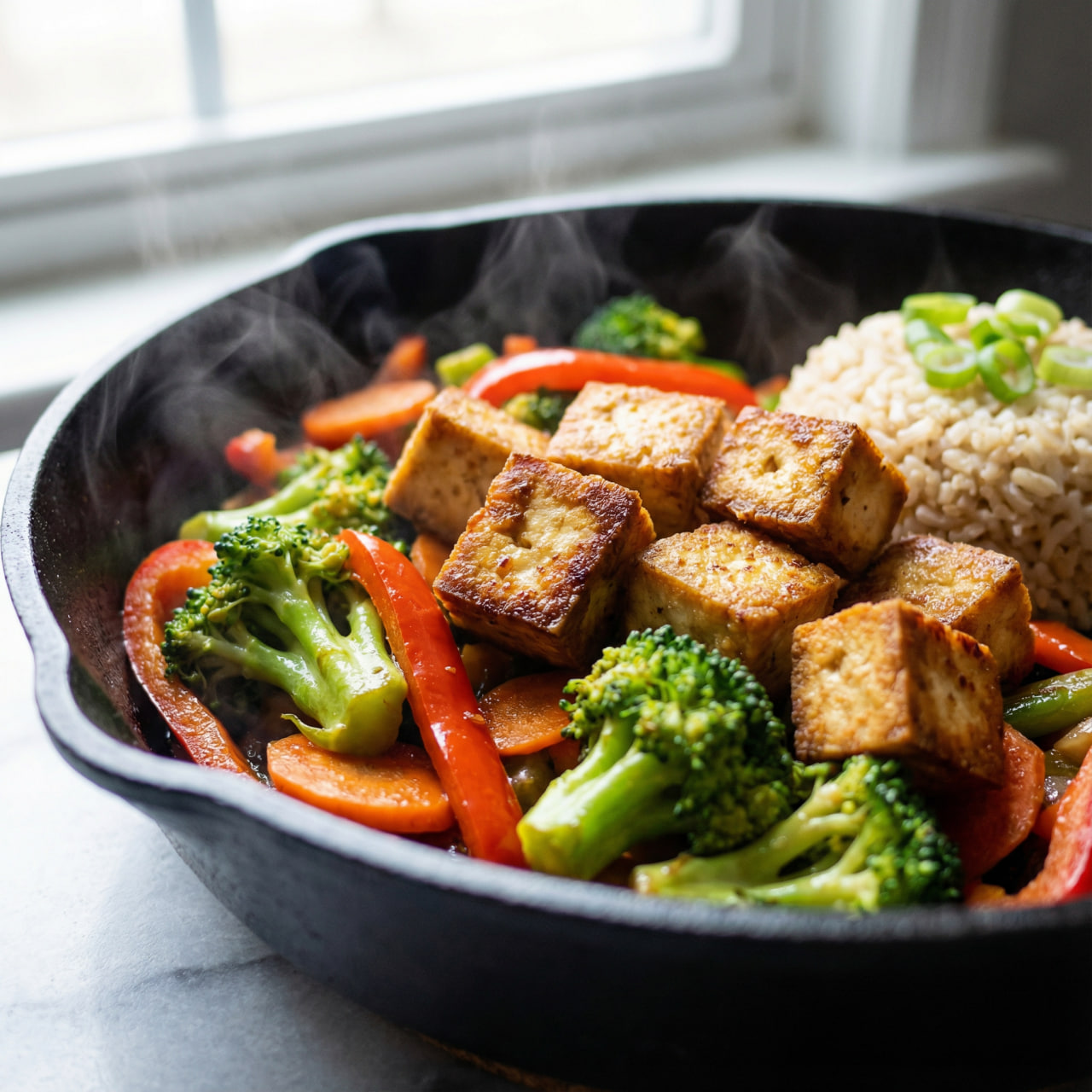Protein in vegan diets: crispy golden tofu cubes stir-fried with colorful vegetables and brown rice – a high-protein soy-based meal