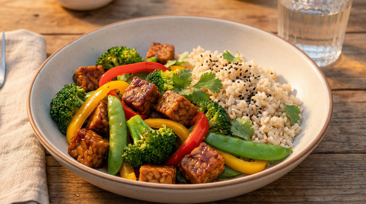 Protein in vegan diets: hearty tempeh stir-fry with colorful vegetables and brown rice – a complete, satisfying plant-based meal