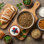 Top 10 Whole-Food Protein Sources: Diverse whole-food protein sources including grilled chicken breast, lentils, Greek yogurt with berries, eggs, tofu, salmon, cottage cheese, roasted chickpeas, quinoa, hemp seeds, and turkey slices arranged on a rustic wooden table