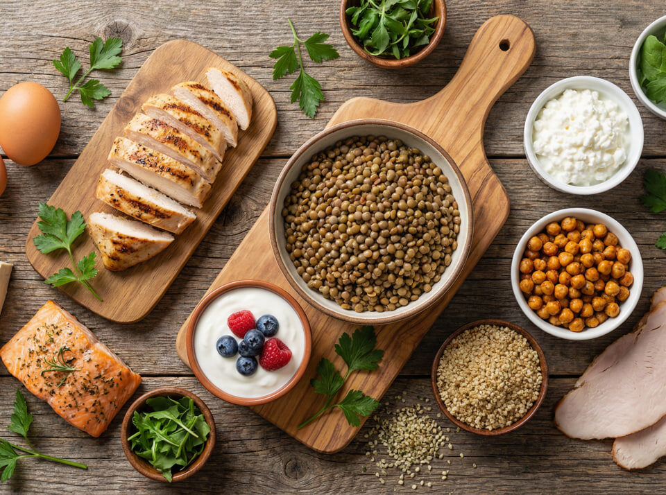 Top 10 Whole-Food Protein Sources: Diverse whole-food protein sources including grilled chicken breast, lentils, Greek yogurt with berries, eggs, tofu, salmon, cottage cheese, roasted chickpeas, quinoa, hemp seeds, and turkey slices arranged on a rustic wooden table