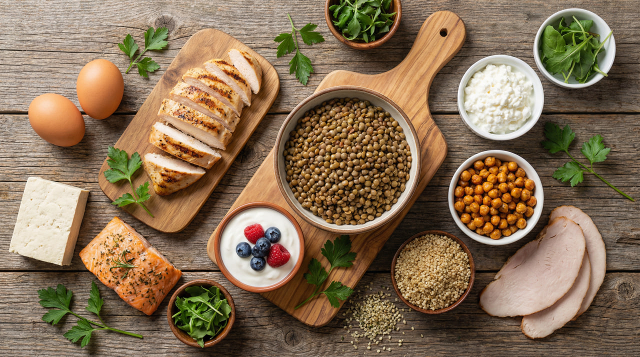 Top 10 Whole-Food Protein Sources: Diverse whole-food protein sources including grilled chicken breast, lentils, Greek yogurt with berries, eggs, tofu, salmon, cottage cheese, roasted chickpeas, quinoa, hemp seeds, and turkey slices arranged on a rustic wooden table